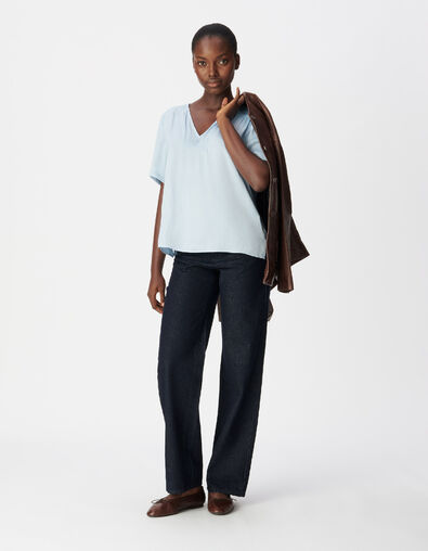 Top bleu satin&eacute; d&eacute;tails smocks Femme - IKKS