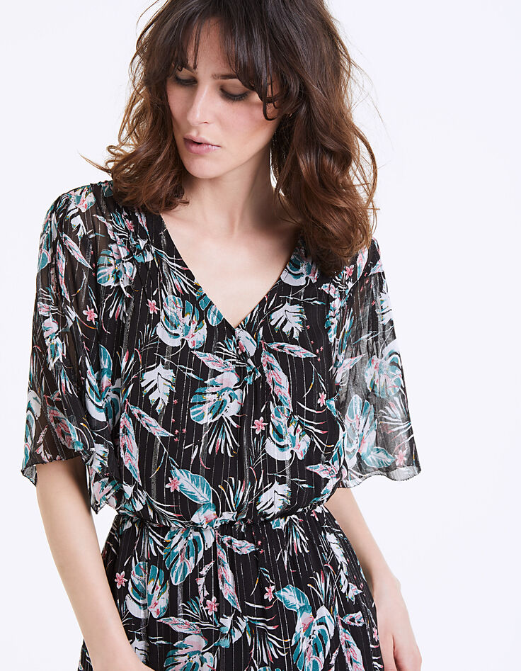 Langes Kleid mit Tropical-Garden-Print in Metallic-Garn auf schwarzem Grund-5