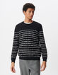 Pull marinière noir tricot fin rayures blanches Homme-2