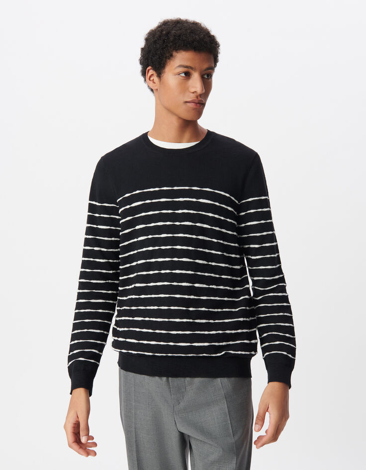 Pull marinière noir tricot fin rayures blanches Homme-2