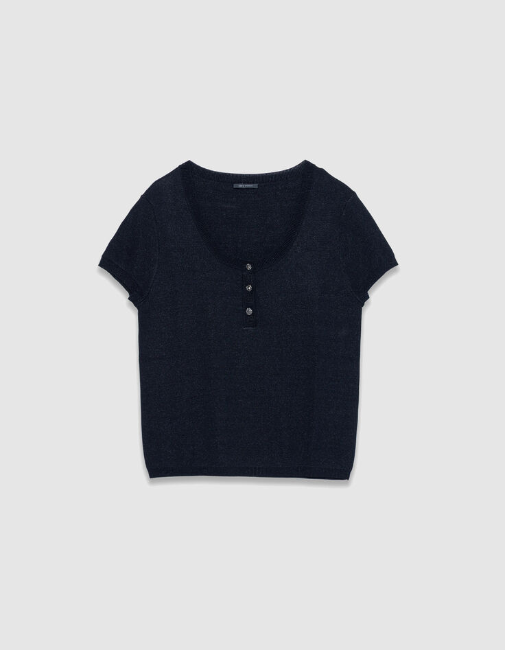 Pull fin noir paillet&eacute; encolure boutonn&eacute;e Femme-6