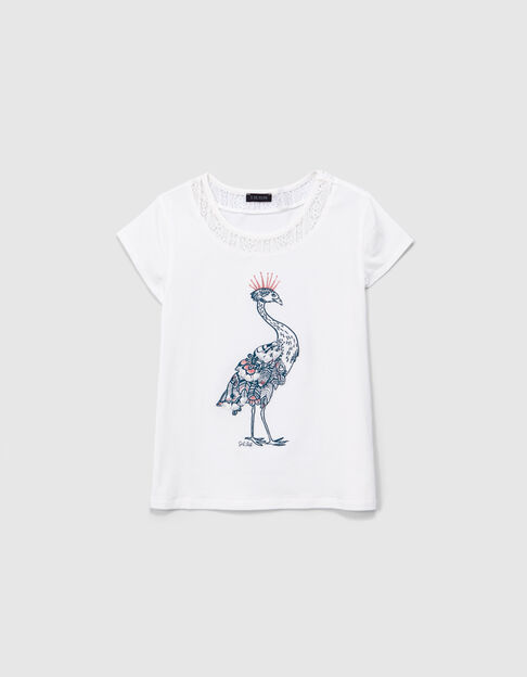 Ecru Mädchen-T-Shirt mit Pfauenmuster und Stickerei - IKKS