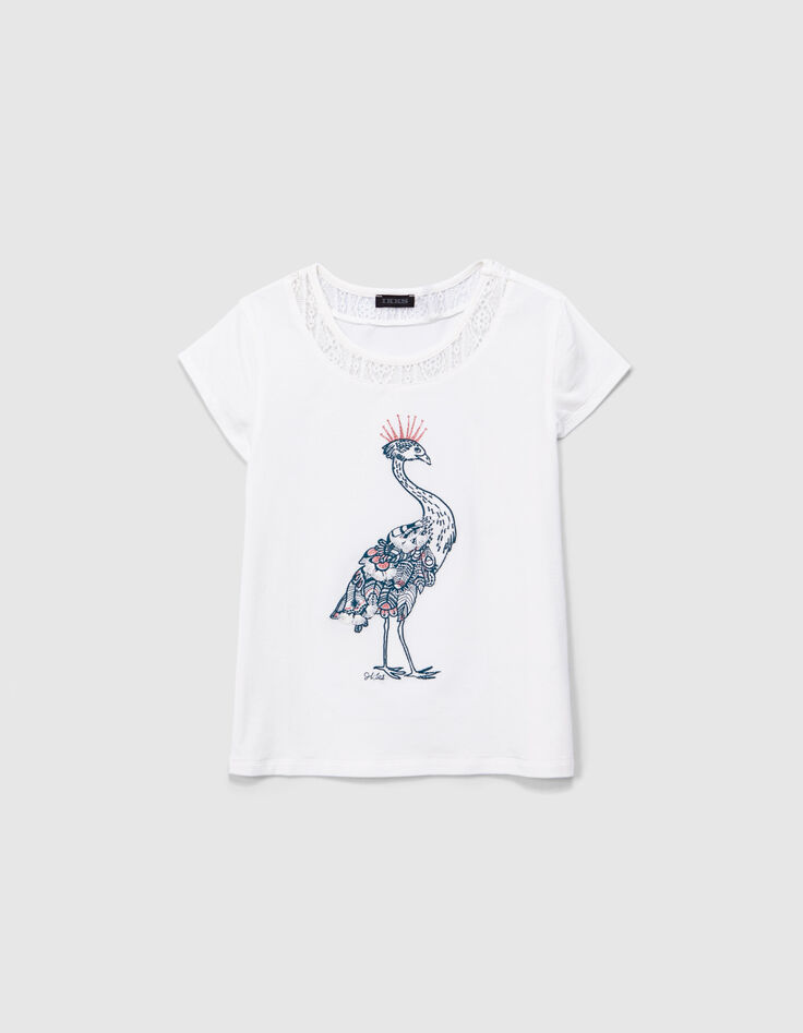 Ecru Mädchen-T-Shirt mit Pfauenmuster und Stickerei-1