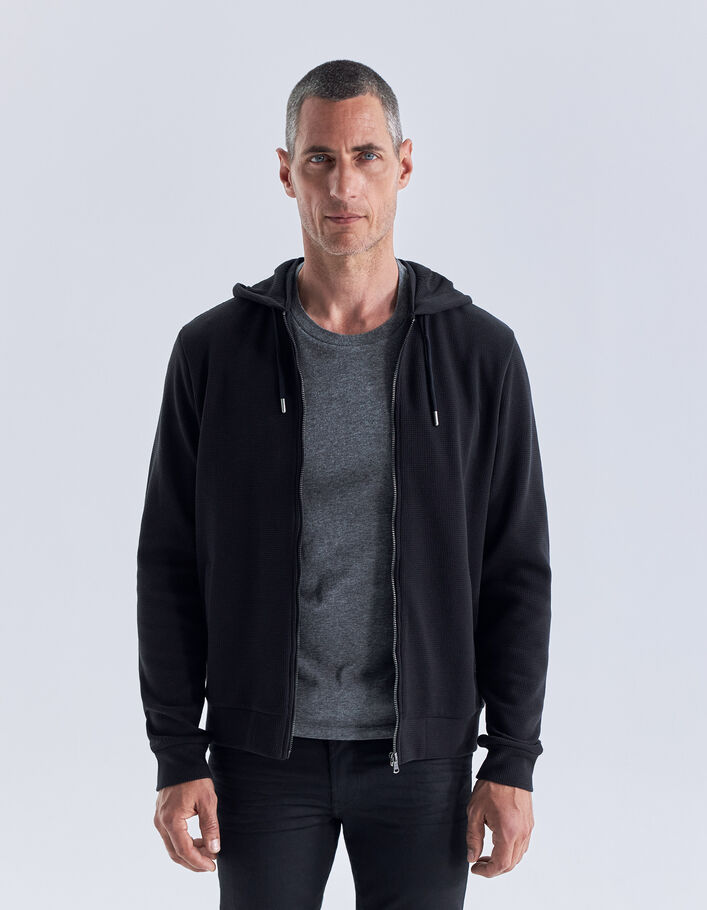 Cardigan noir nid d'abeille à capuche Homme-1