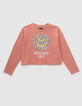 Girls’ terracotta T-shirt with smile on leopard background-1