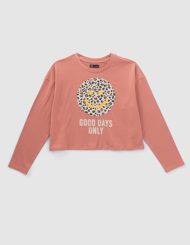 Girls’ terracotta T-shirt with smile on leopard background-1
