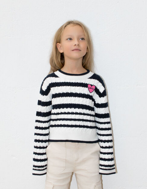 Girls' ecru cable knit sweater with navy stripes