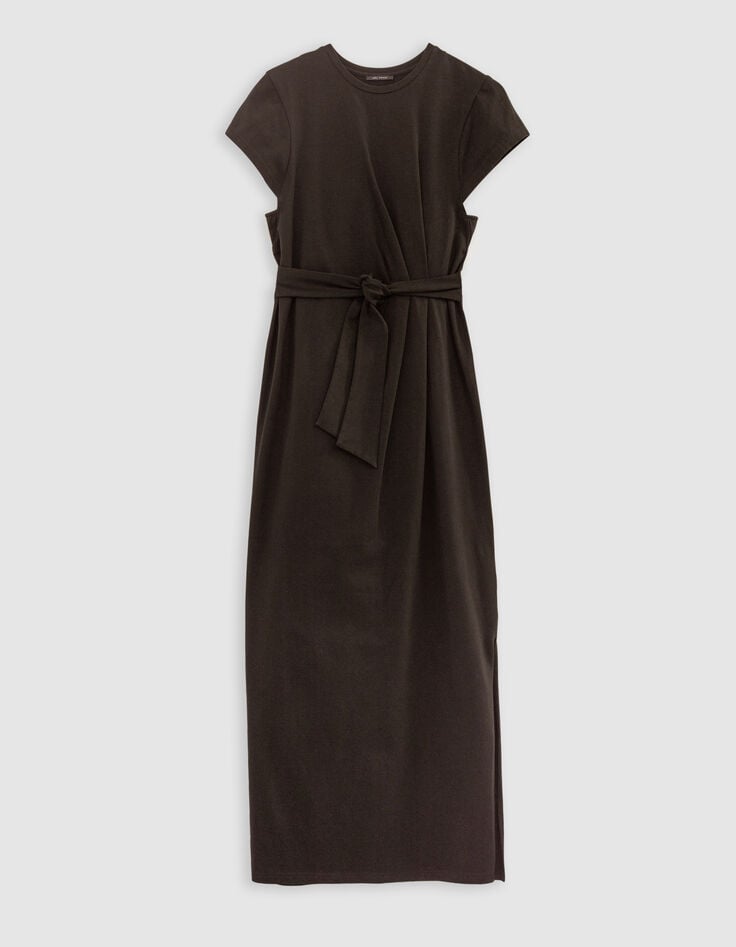 Robe midi marron &agrave; nouer c&ocirc;t&eacute; Femme-5