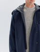 Men’s dark navy long trench coat with grey hood facing-4