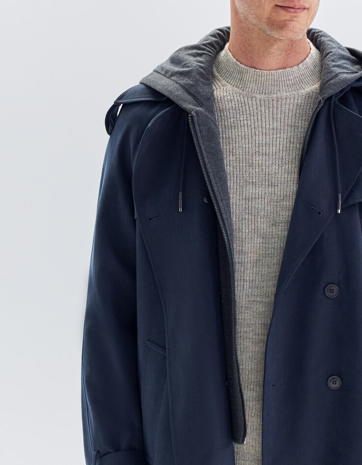 Men’s dark navy long trench coat with grey hood facing-4