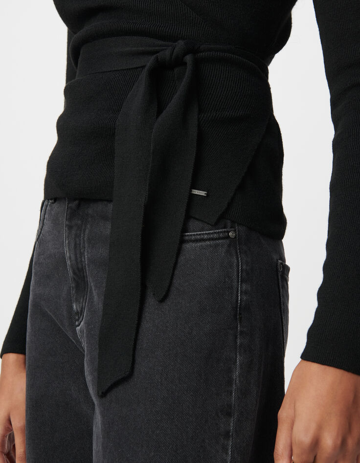 Women's black belted wrap-around sweater-4