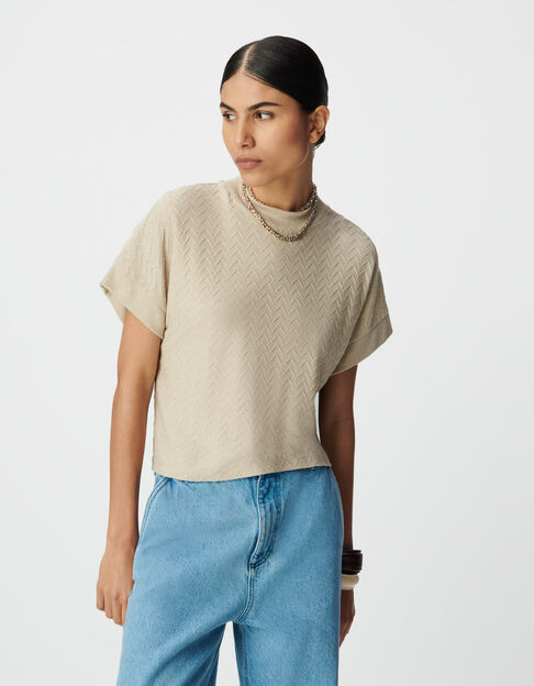 Camiseta manga corta beige l&uacute;rex punto calado mujer - IKKS