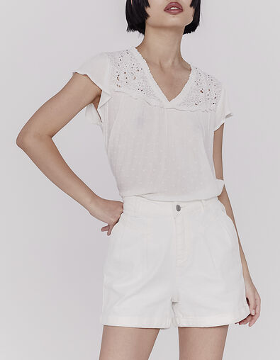 Women’s ecru embroidered dotted Swiss viscose top - IKKS