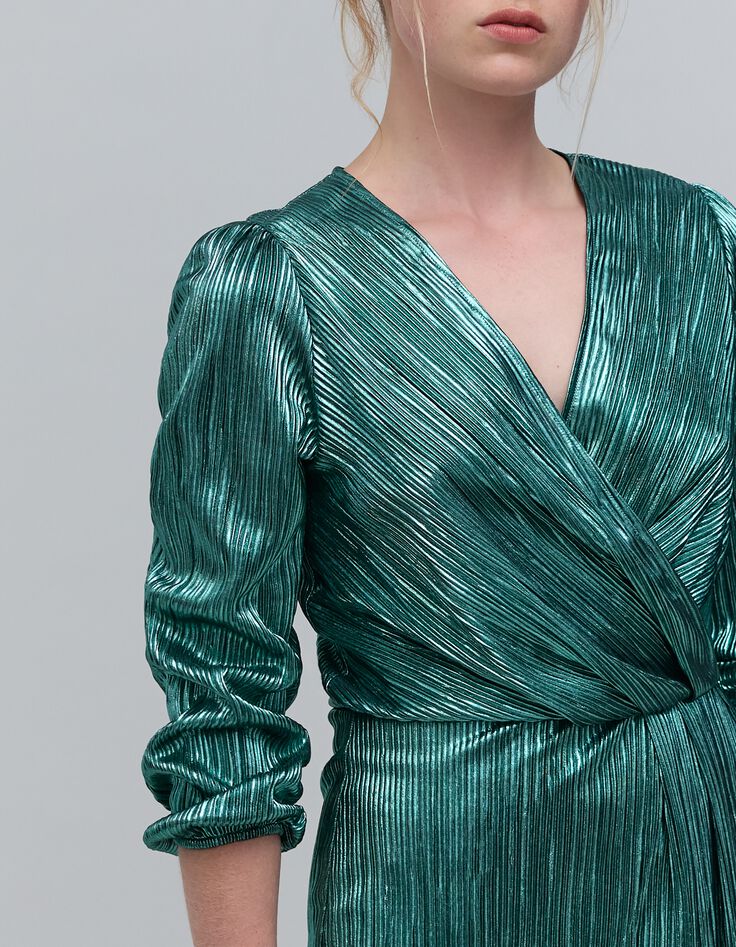 Robe émeraude métallisée plisssée Femme-4