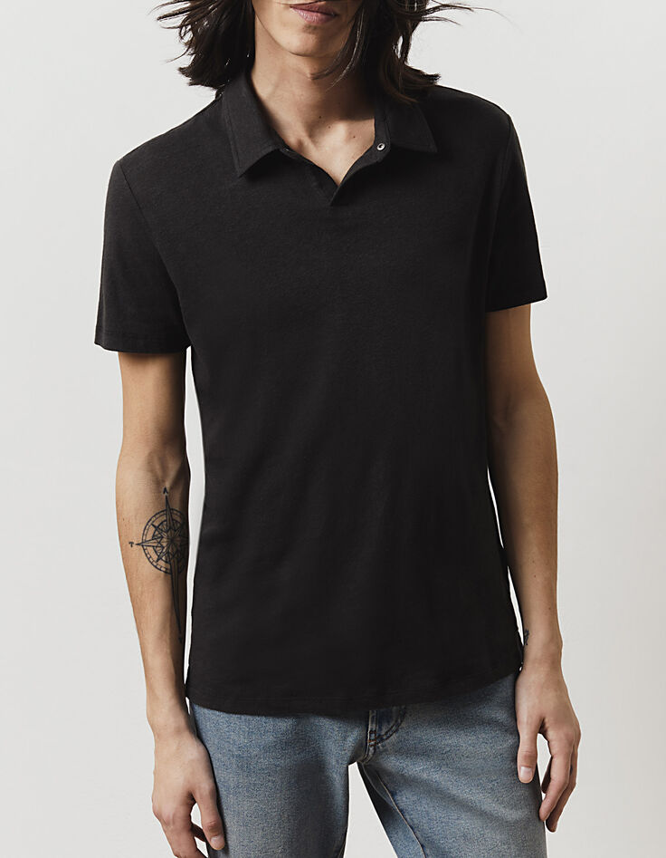 Schwarzes Herren-Poloshirt aus zertifiziertem Leinen-1 Schwarzes Herren-Poloshirt aus zertifiziertem Leinen-1