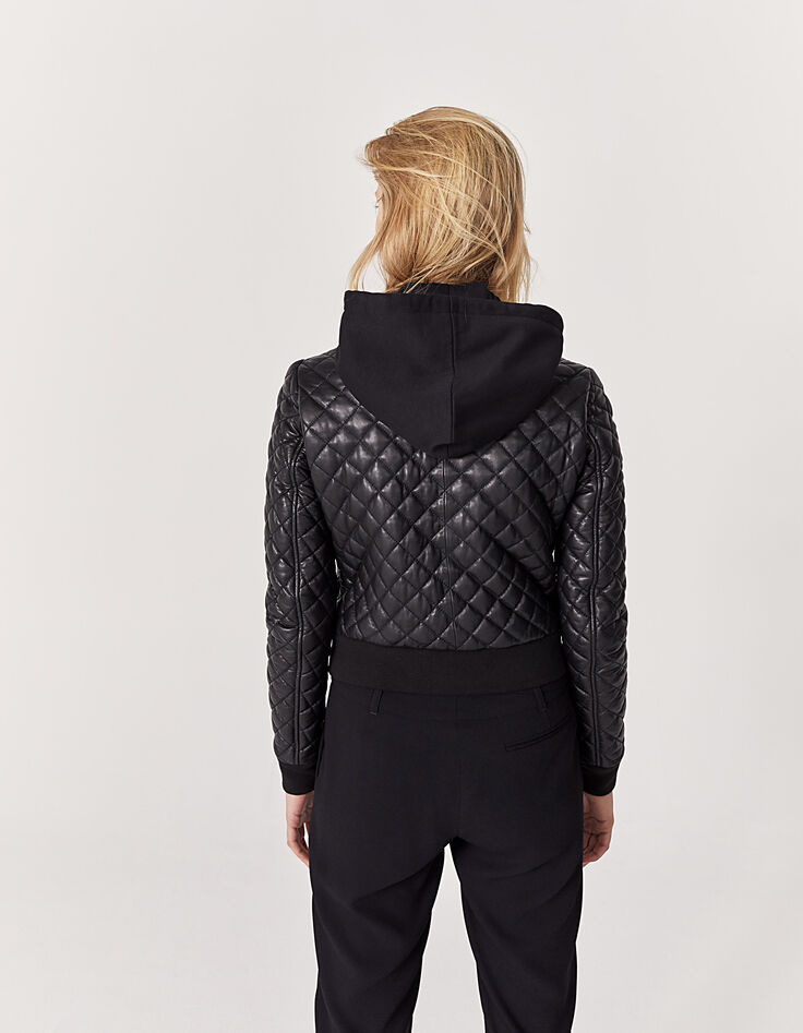Chaqueta corta capucha piel cordero acolchada negra mujer-3