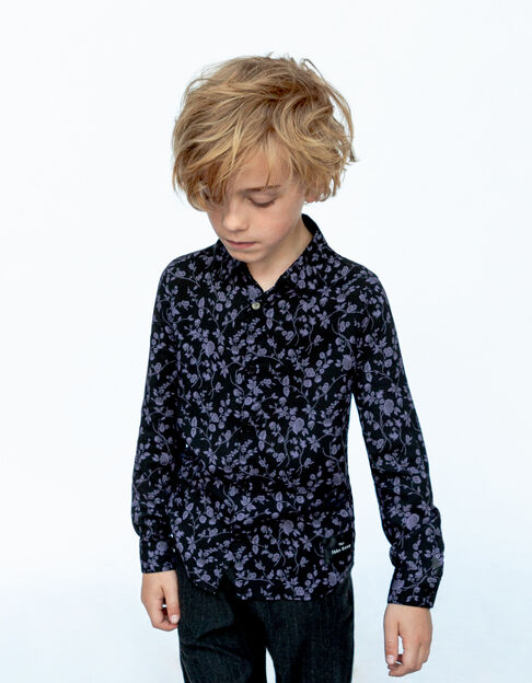 Jungenhemd schwarz/violett LENZING™ ECOVERO™, Blumendekor