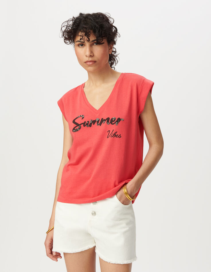 Tee-shirt encolure V rouge message-2