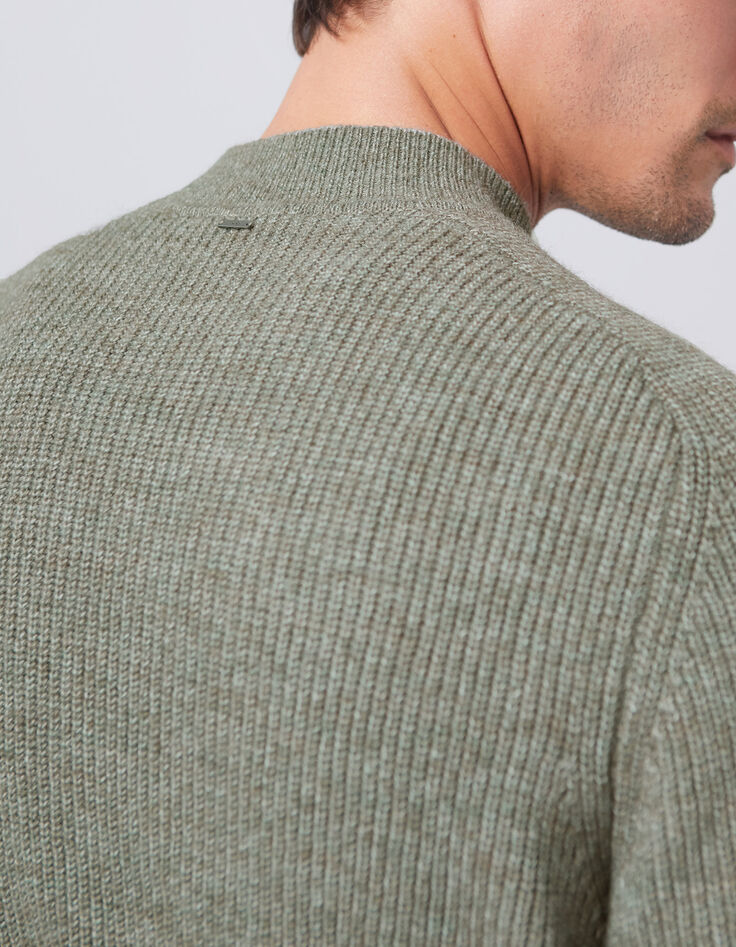 Khaki Herrenrippstrickpullover mit Kaminkragen-5