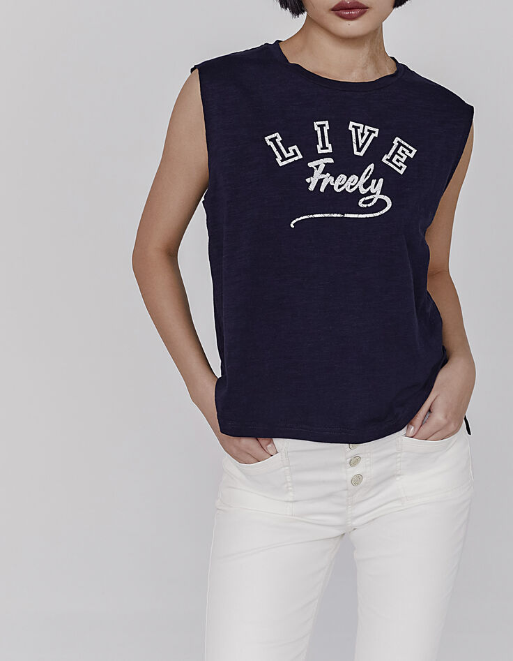Tee-shirt en coton bleu marine visuel message surf femme-1 Tee-shirt en coton bleu marine visuel message surf femme-1