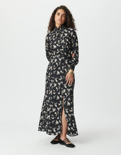Robe longue noire imprimé fleurs sauvages Femme - IKKS