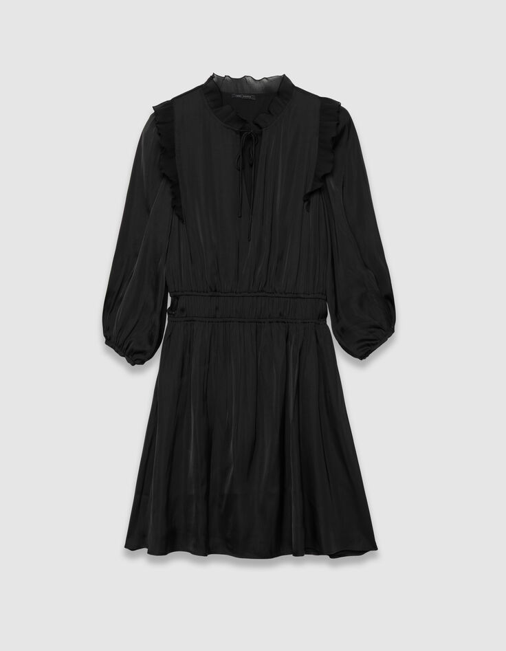 Schwarzes Damensatinkleid Plisseerüschen-6