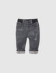 Grijze jeans print en ribboord in taille babyjongens-2
