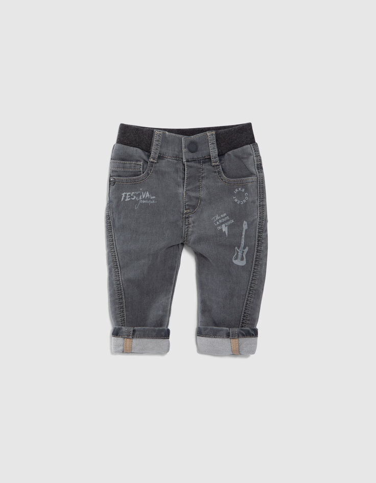 Grijze jeans print en ribboord in taille babyjongens-2
