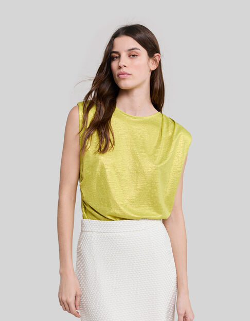 Women’s lime iridescent soft linen T-shirt with gathers - IKKS