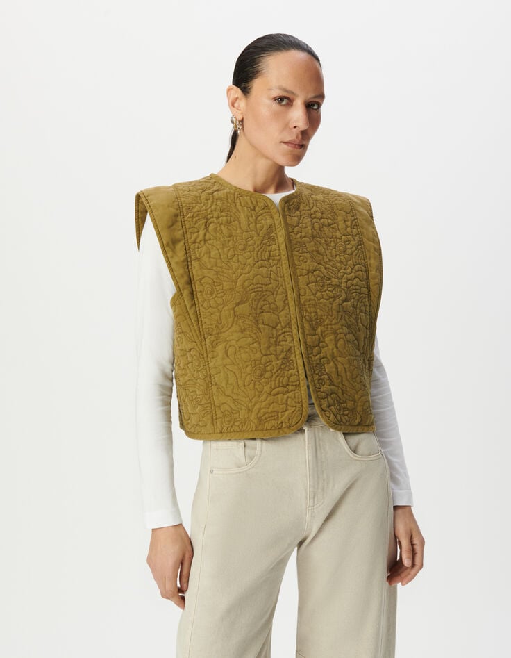 Gilet sans manches kaki matelassage broderies Femme-2 Gilet sans manches kaki matelassage broderies Femme-2