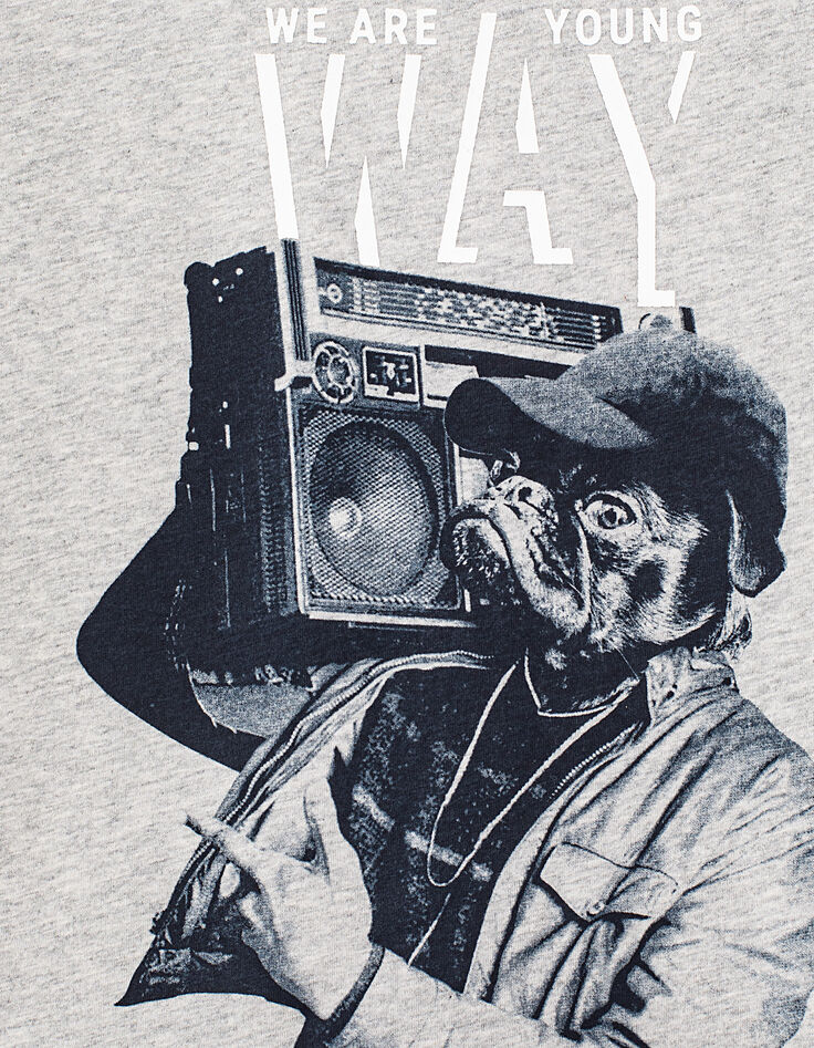Grau meliertes Jungen-T-Shirt mit Hund und Ghetto Blaster-2