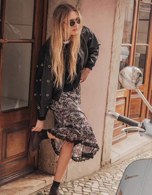 Jupe longue asym&eacute;trique bordeaux motif cachemire Femme - IKKS