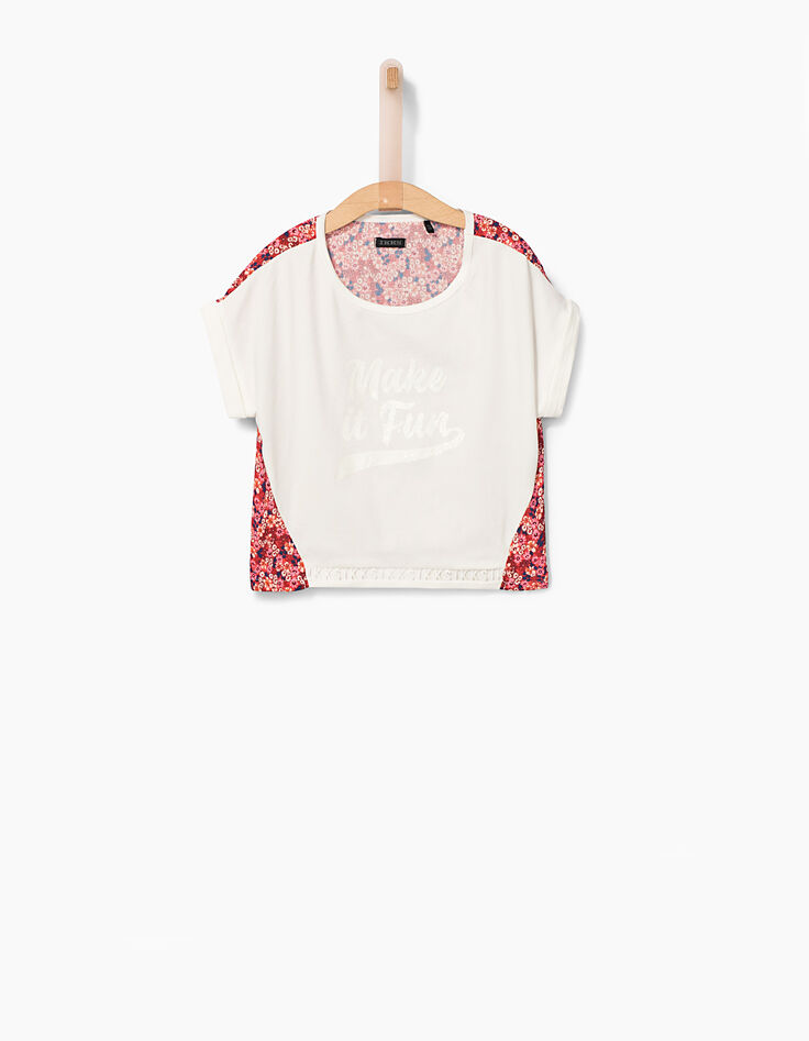 Tee-shirt cropped blanc cassé et fleuri fille-2