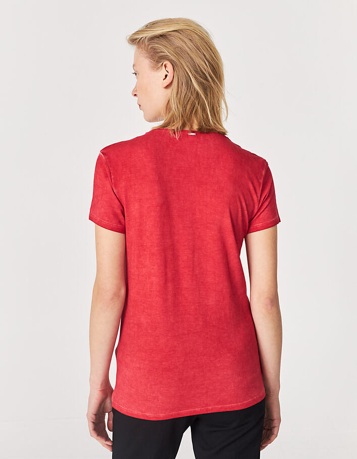 Rotes Damen-T-Shirt mit V-Ausschnitt, Zierat am Ausschnitt - IKKS