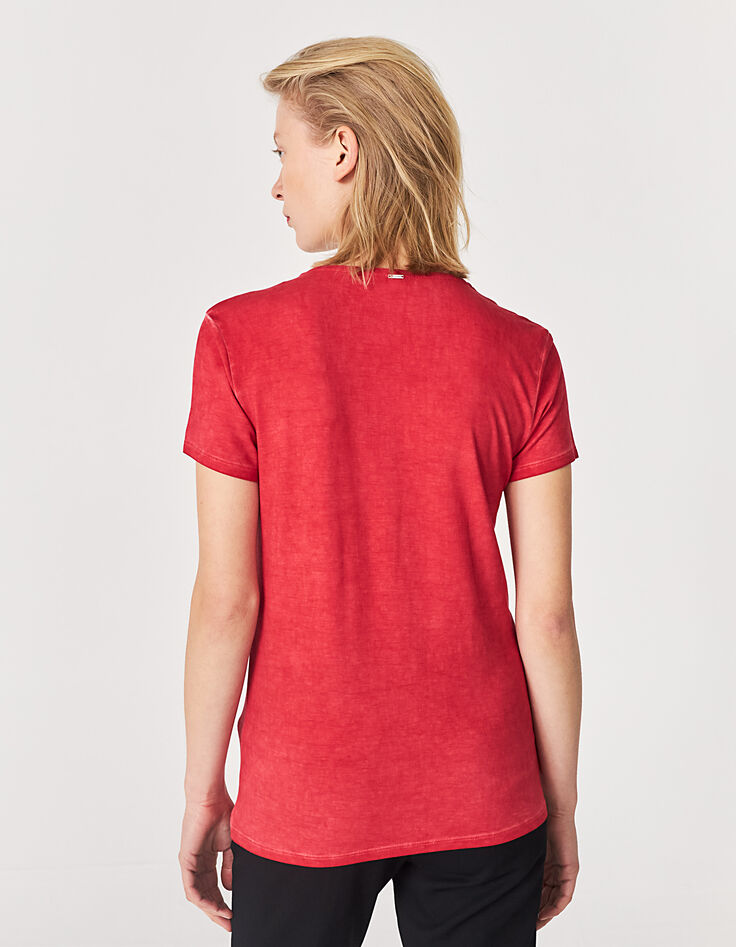 Rotes Damen-T-Shirt mit V-Ausschnitt, Zierat am Ausschnitt-2 Rotes Damen-T-Shirt mit V-Ausschnitt, Zierat am Ausschnitt-2
