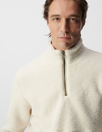 Sweat blanc sherpa col et poches zipp&eacute;es Homme - IKKS