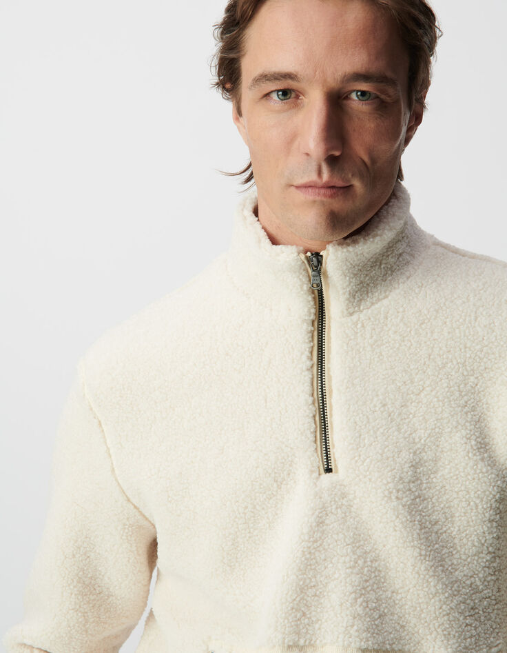 Sweat blanc sherpa col et poches zipp&eacute;es Homme-1
