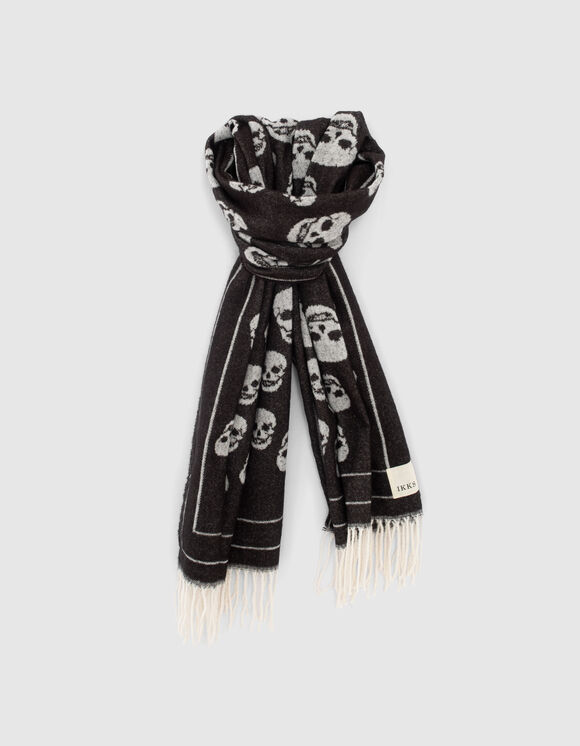Sjaal in viscose jacquard zwart & wit doodshoofd dames