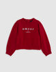 Rotes Sweatshirt, Paillettenmuster, Falten, Mädchen-2