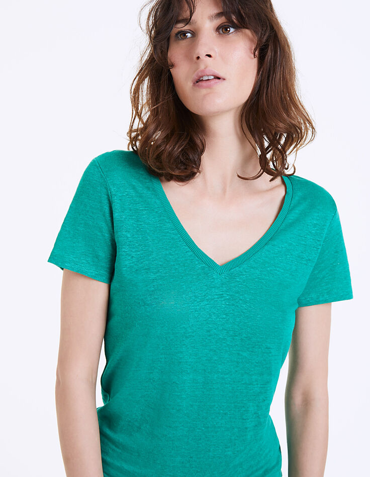 Tee-shirt en lin vert broderie palmier dos femme-4 Tee-shirt en lin vert broderie palmier dos femme-4
