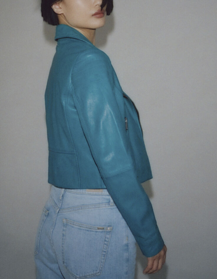 Blouson en cuir d'agneau certifié bleu émeraude femme-6