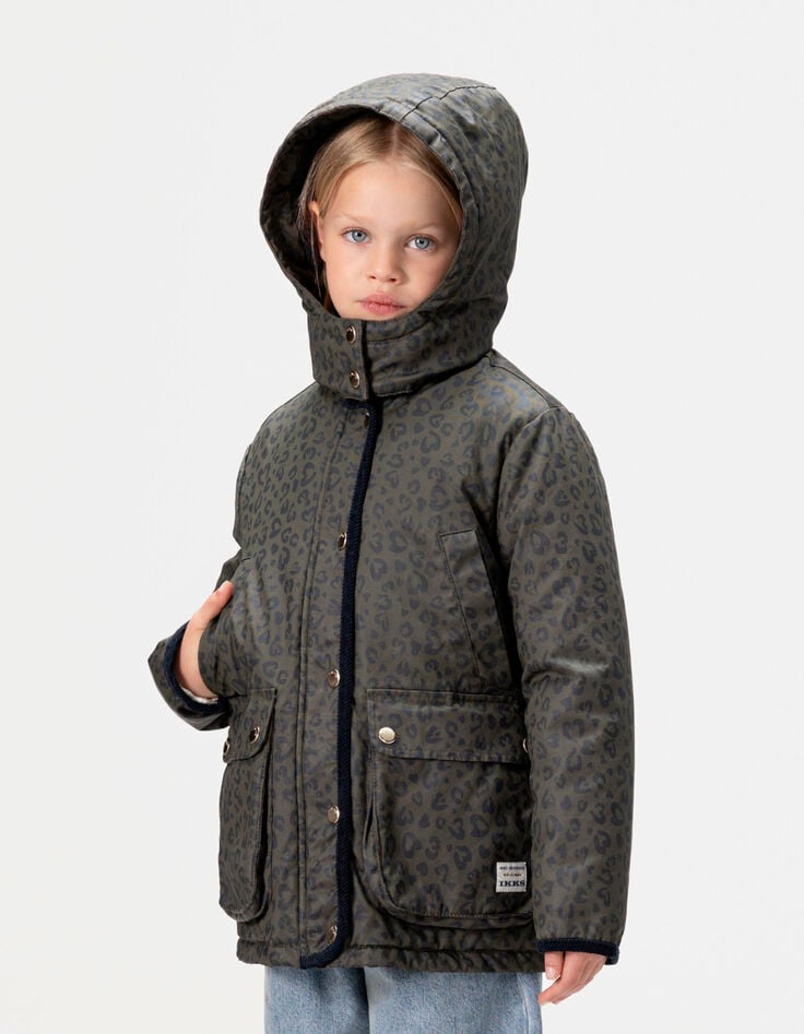 Kaki gecoat jasje luipaard-hartjesmotief meisjes-1 Kaki gecoat jasje luipaard-hartjesmotief meisjes-1