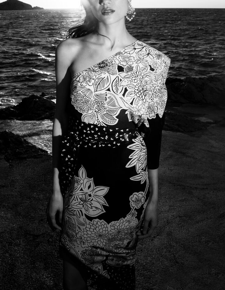 Robe asym&eacute;trique noire motif fleurs IKKS x GIGEEZ Femme-7