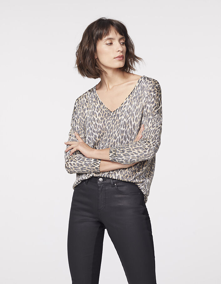 Pull col V noir imprimé panthère métallisé femme