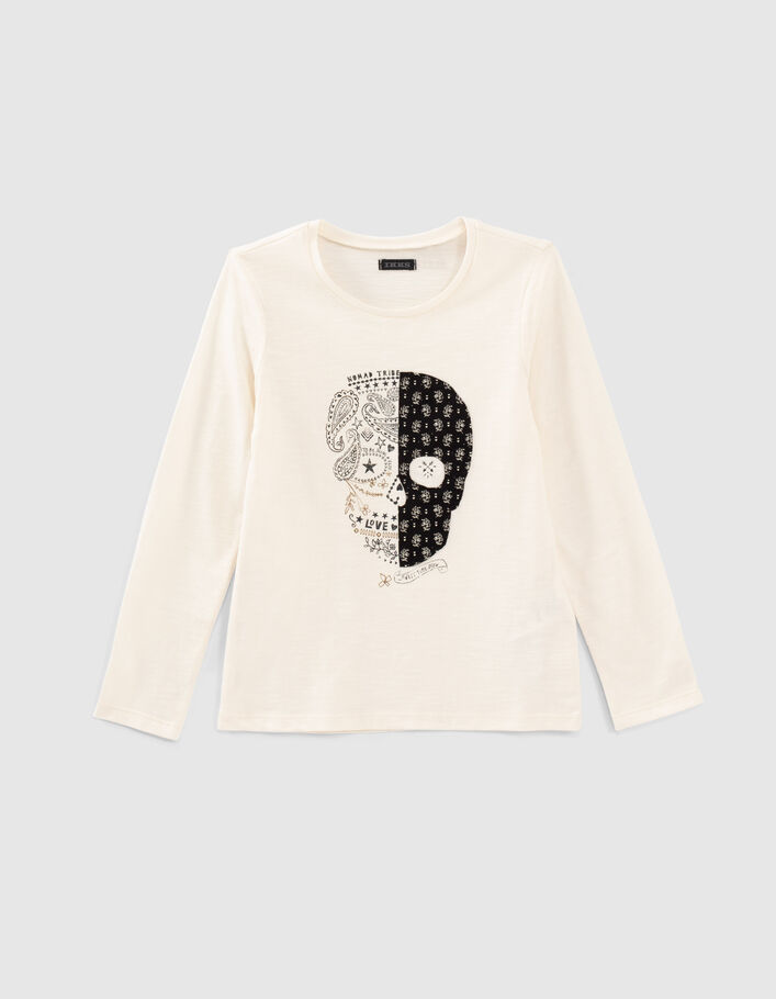 Cremeweißes Mädchenshirt aus Biobaumwolle mit Totenkopf-2
