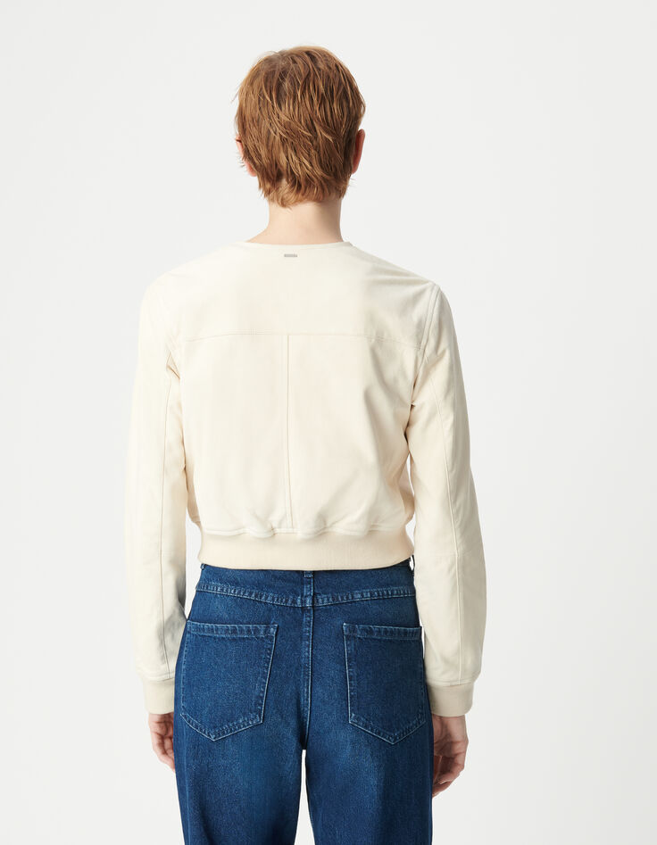 Blouson court beige cuir velours Femme-3