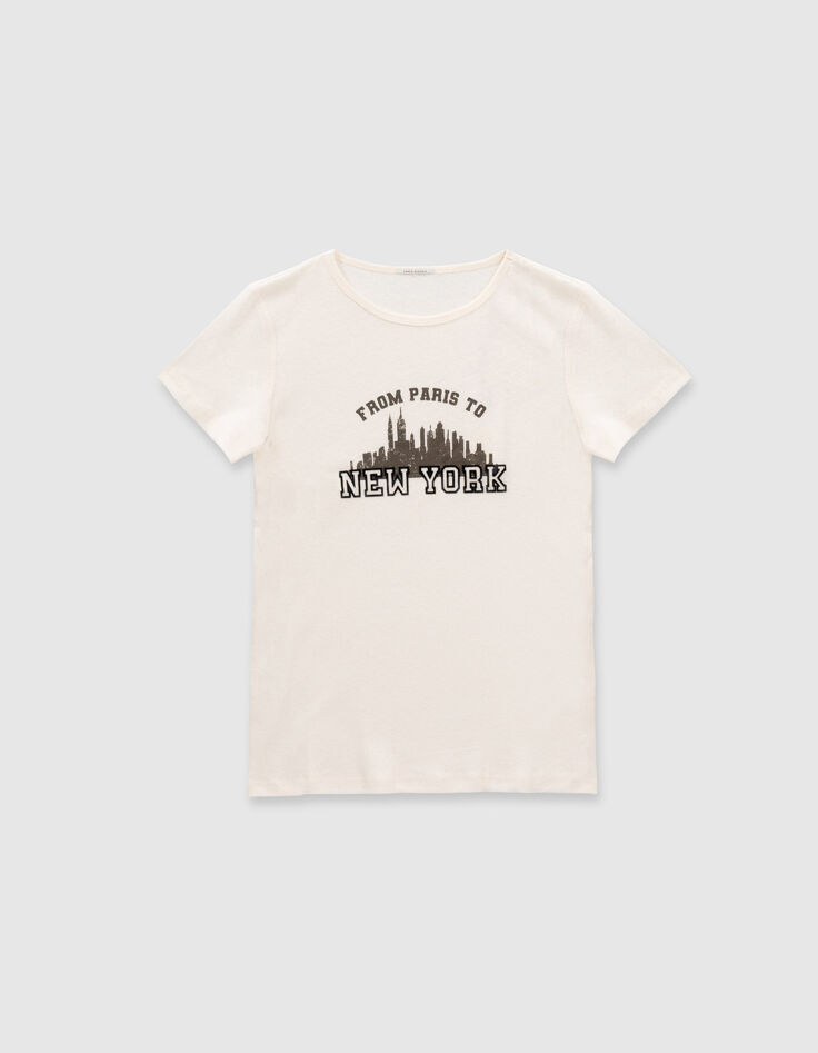 Elfenbeinfarbenes Damen-T-Shirt aus Baumwolle und Leinen-5 Elfenbeinfarbenes Damen-T-Shirt aus Baumwolle und Leinen-5
