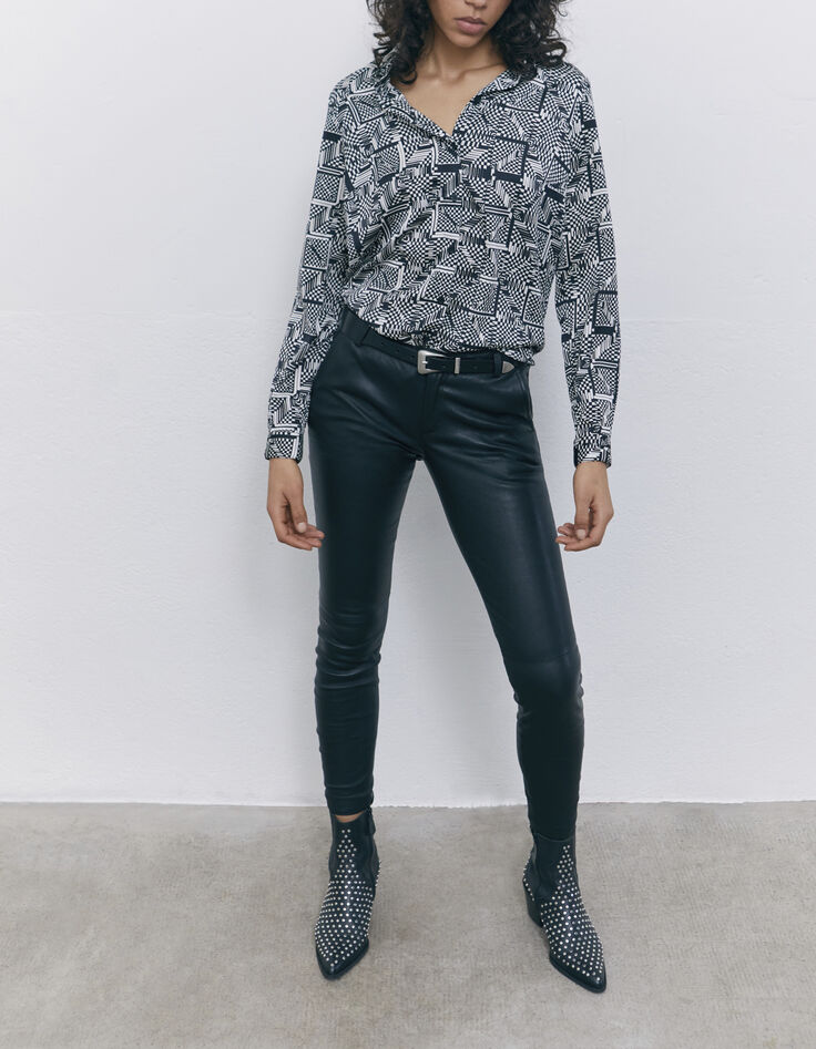 Zwart overhemd geblokte optische print Dames-5