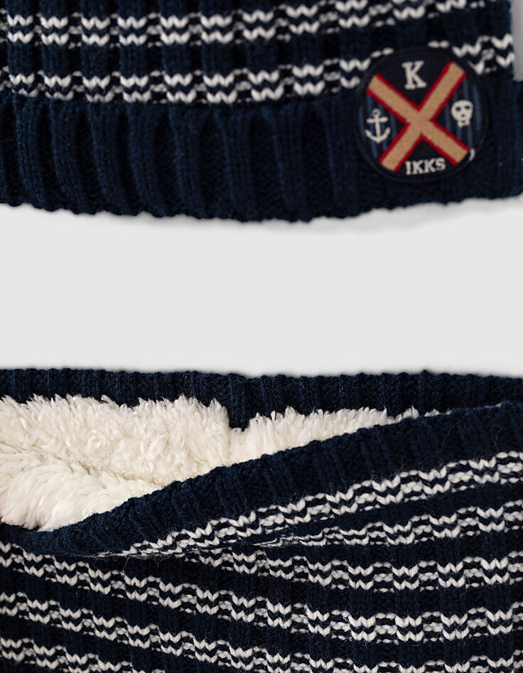 Gorro y cuello navy rayas blancas punto bebé niño -4