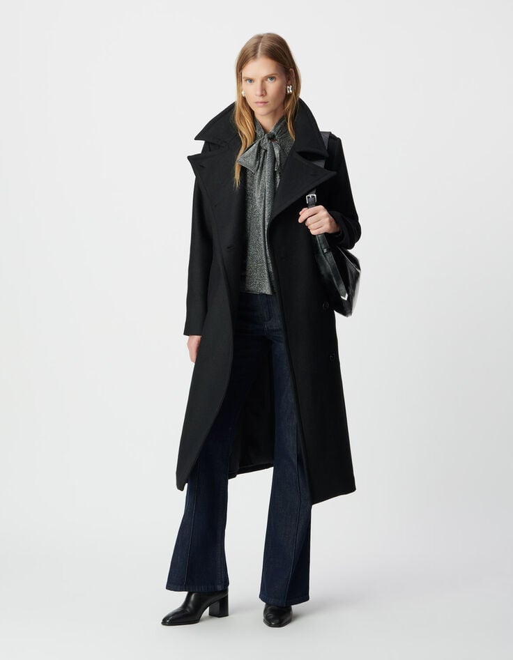 Manteau long noir lainage esprit caban ceintur&eacute; Femme-1